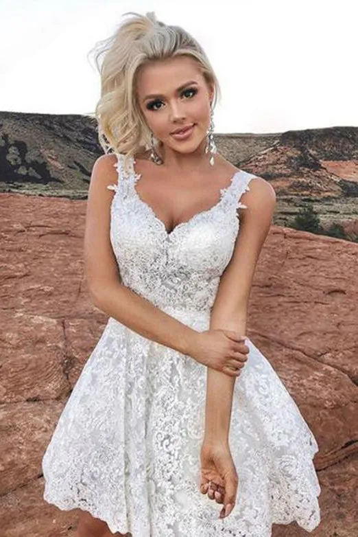 White Short Homecoming Dresses V Neck Appliques Cocktail Dresses OHM080