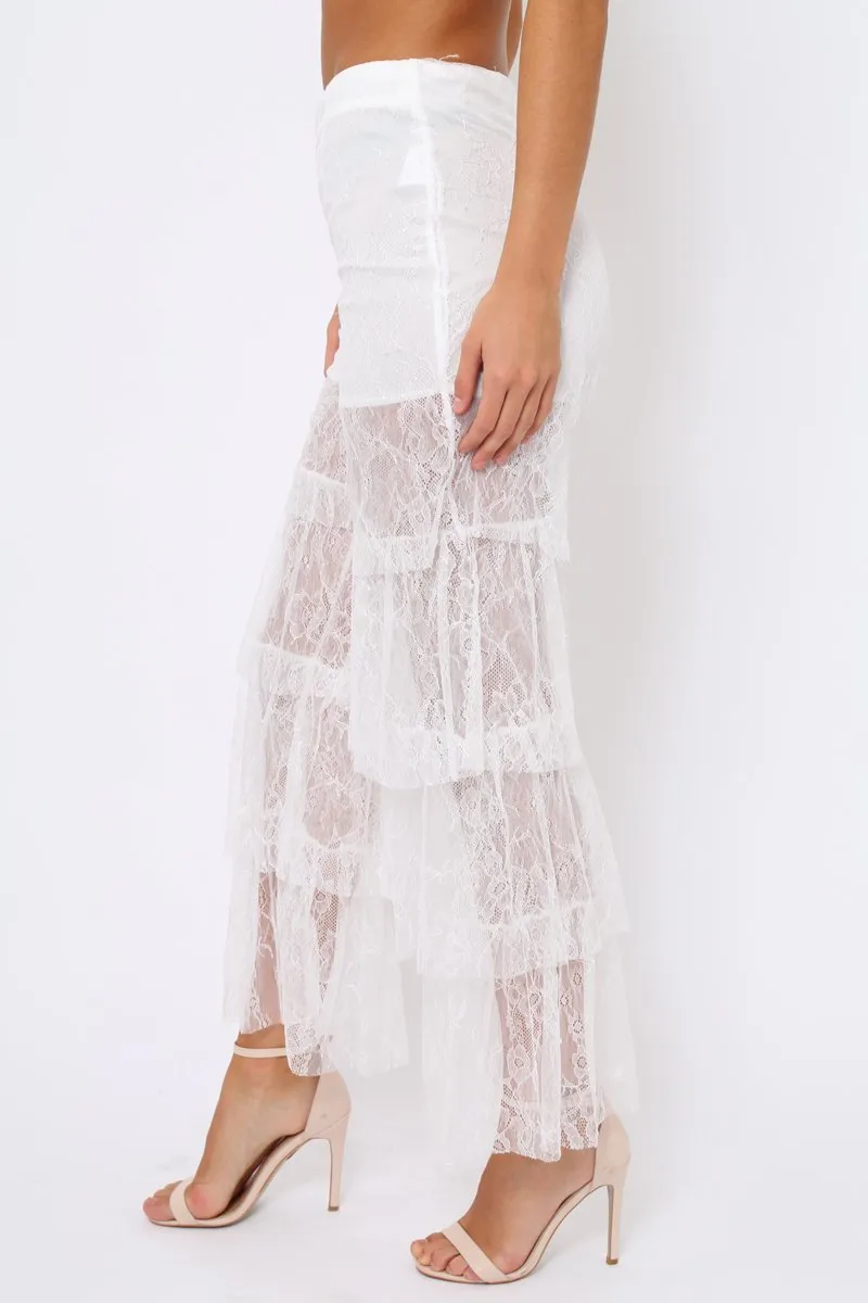 White Tiered Frill Lace Pants - Frida