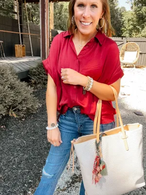 Wine Satin Button Front Collared Blouse