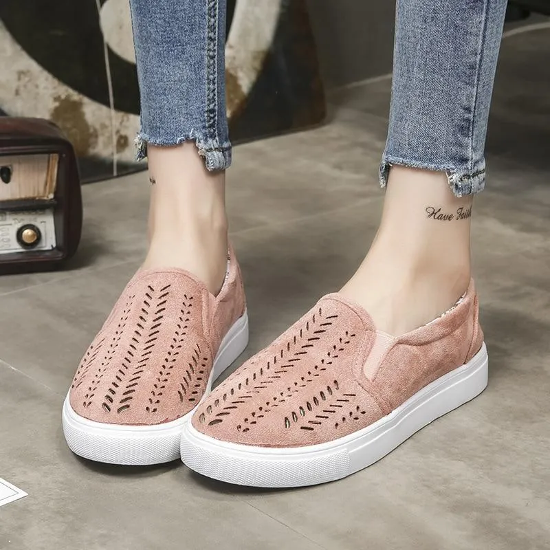 Women Cut-outs Elastic Band Shoes Female Flock Slip-on Shallow Breathable Flat Casual Shoes