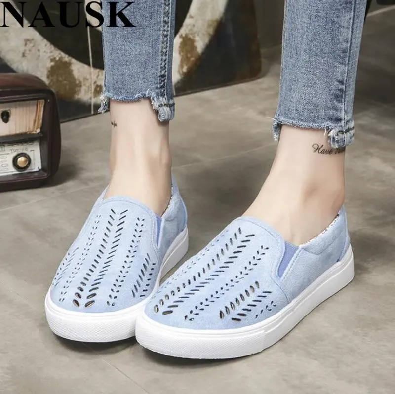 Women Cut-outs Elastic Band Shoes Female Flock Slip-on Shallow Breathable Flat Casual Shoes