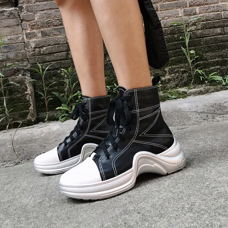 Women Lace Up Platform Boots Thick Bottom