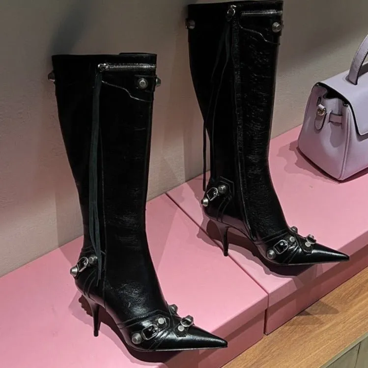 Women Punk Black Rivets Motorcycle Boots Zipper Stiletto Heels Shoes