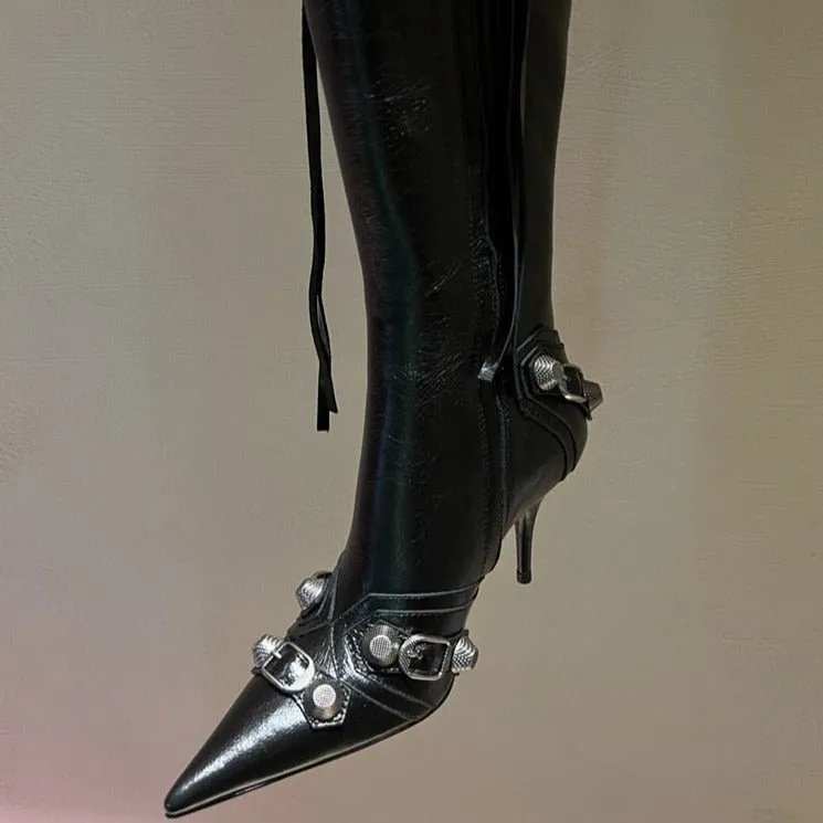 Women Punk Black Rivets Motorcycle Boots Zipper Stiletto Heels Shoes