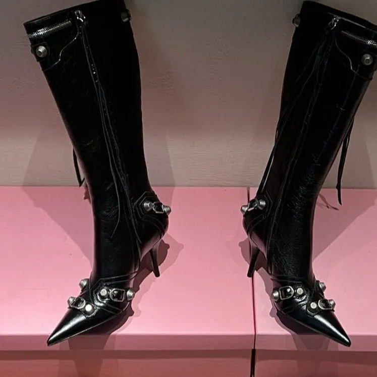 Women Punk Black Rivets Motorcycle Boots Zipper Stiletto Heels Shoes