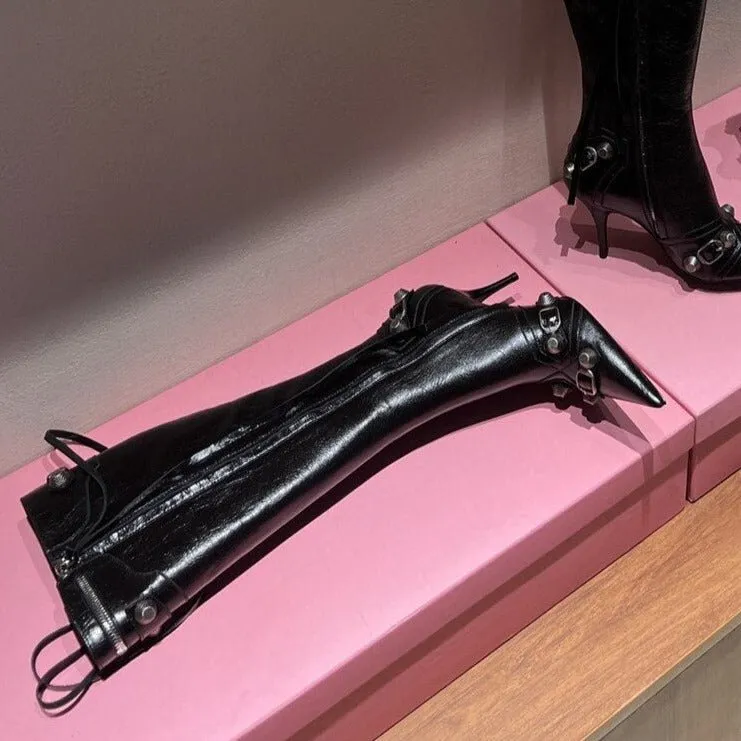 Women Punk Black Rivets Motorcycle Boots Zipper Stiletto Heels Shoes