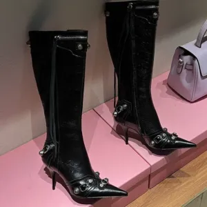 Women Punk Black Rivets Motorcycle Boots Zipper Stiletto Heels Shoes
