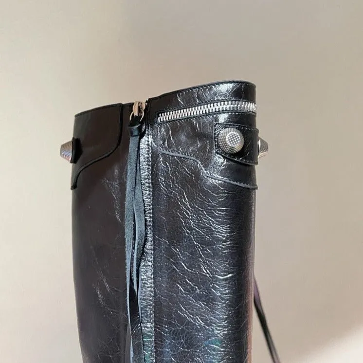 Women Punk Black Rivets Motorcycle Boots Zipper Stiletto Heels Shoes