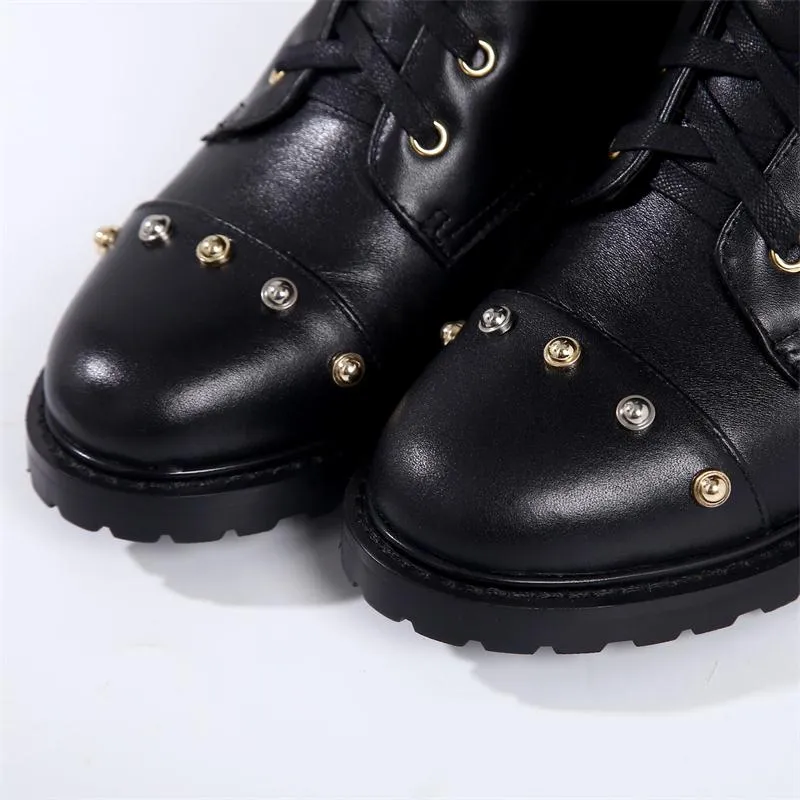 Women Winter Punk Shoes Women Genuine Leather Bota Feminina High Quality Botas Mujer Combat Military Boots Rivets