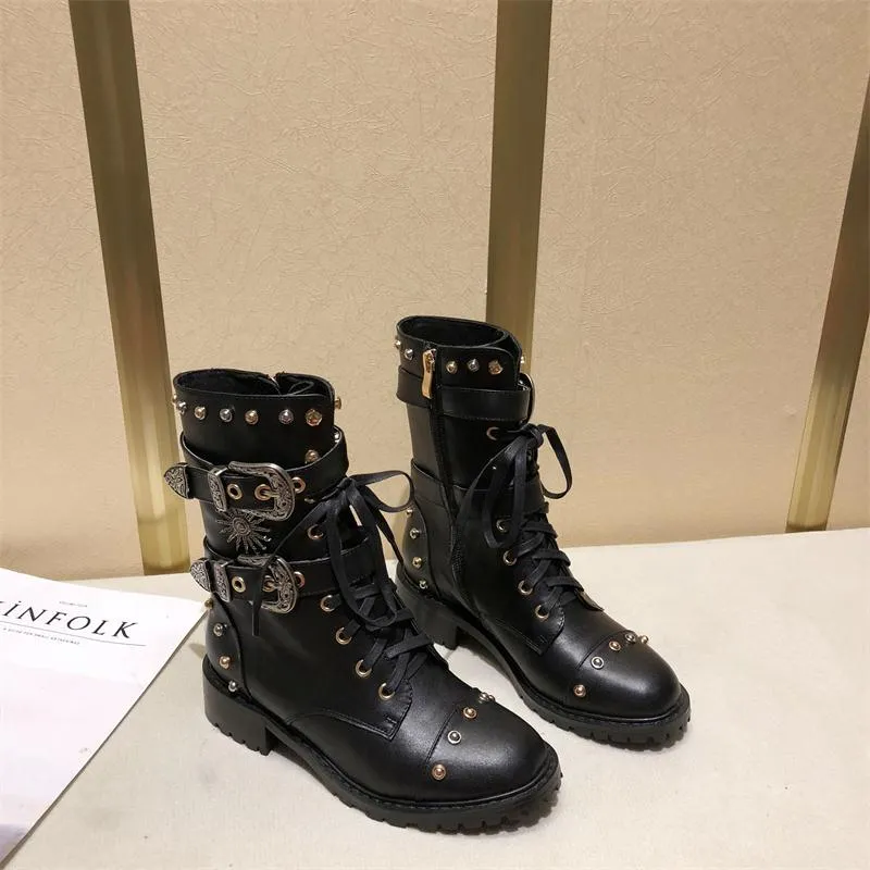 Women Winter Punk Shoes Women Genuine Leather Bota Feminina High Quality Botas Mujer Combat Military Boots Rivets