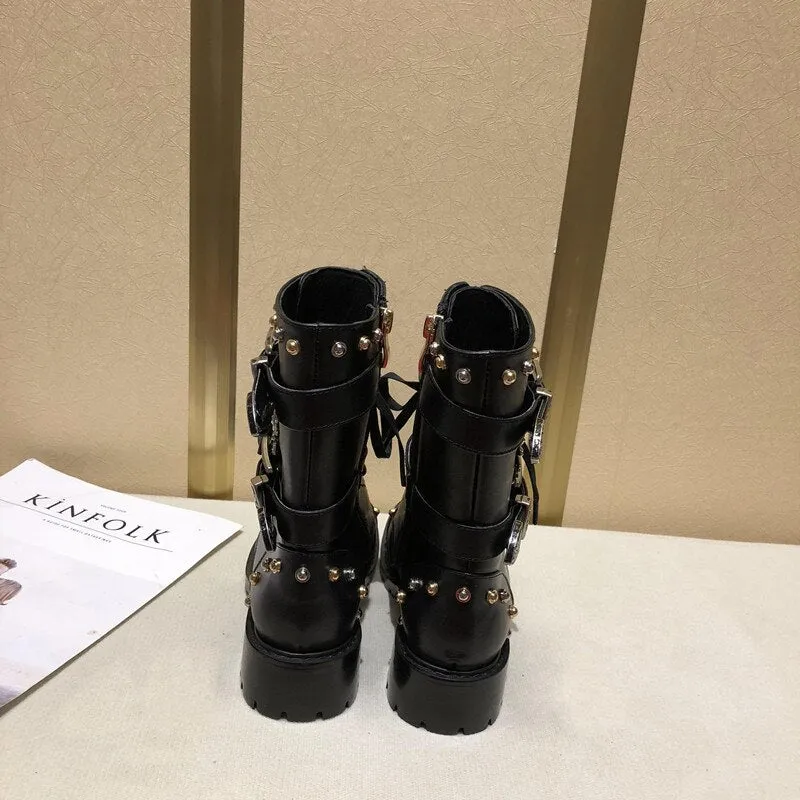 Women Winter Punk Shoes Women Genuine Leather Bota Feminina High Quality Botas Mujer Combat Military Boots Rivets