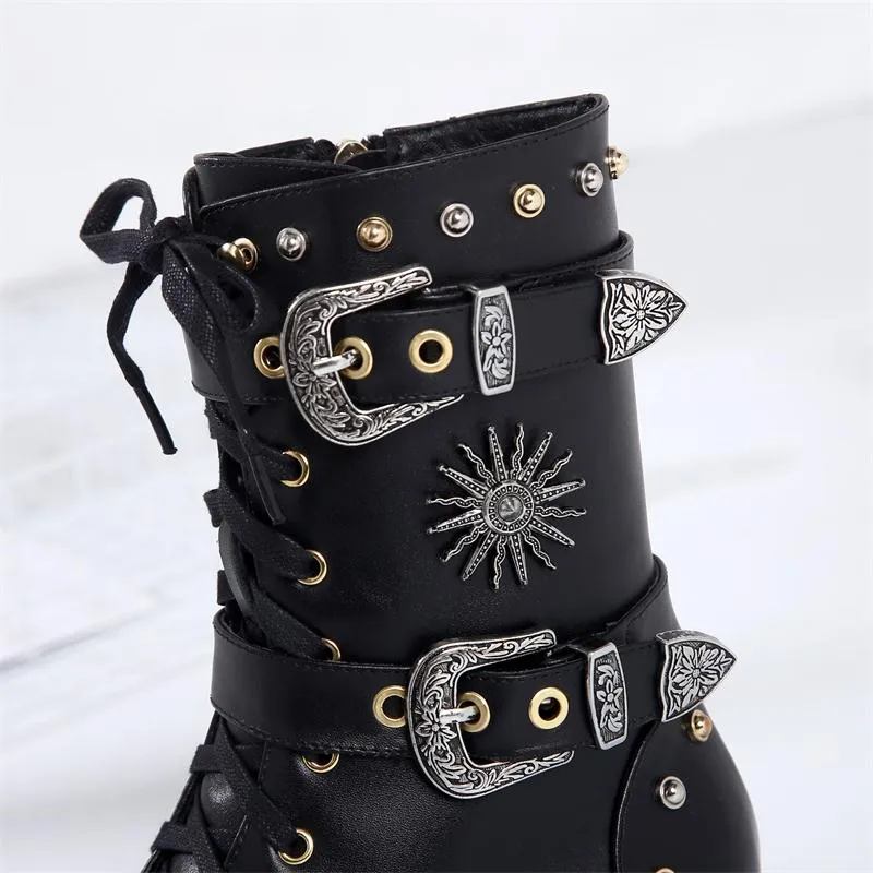 Women Winter Punk Shoes Women Genuine Leather Bota Feminina High Quality Botas Mujer Combat Military Boots Rivets