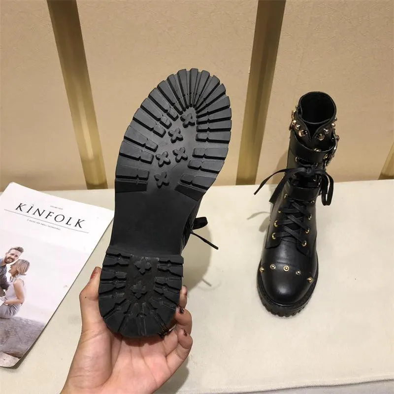 Women Winter Punk Shoes Women Genuine Leather Bota Feminina High Quality Botas Mujer Combat Military Boots Rivets