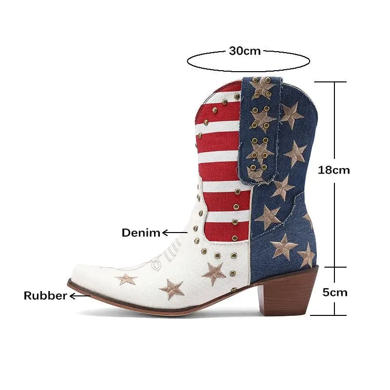 Women's Cowboy Western Boots  Denim Studded Rivets Embroidery Heeled Shoes