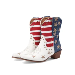 Women's Cowboy Western Boots  Denim Studded Rivets Embroidery Heeled Shoes