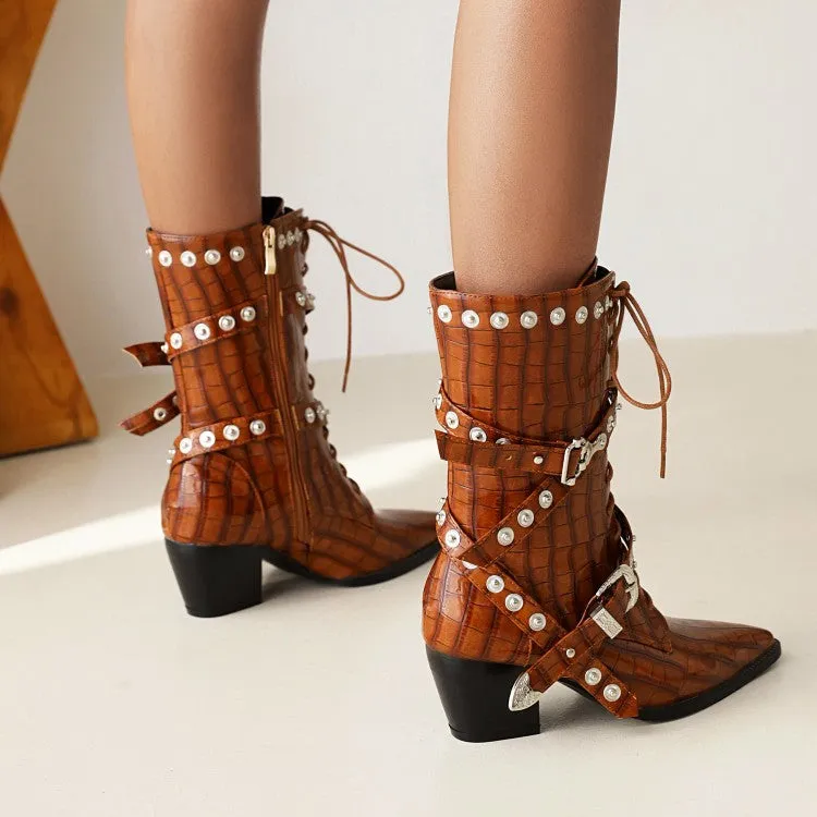 Women's  Crocodile Pattern Pointed Toe Belts Buckles Rivets Puppy Heel Mid Calf Boots