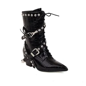 Women's  Crocodile Pattern Pointed Toe Belts Buckles Rivets Puppy Heel Mid Calf Boots