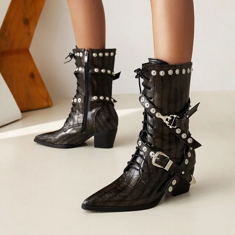 Women's  Crocodile Pattern Pointed Toe Belts Buckles Rivets Puppy Heel Mid Calf Boots