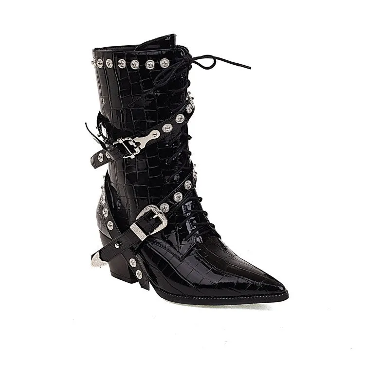Women's  Crocodile Pattern Pointed Toe Belts Buckles Rivets Puppy Heel Mid Calf Boots