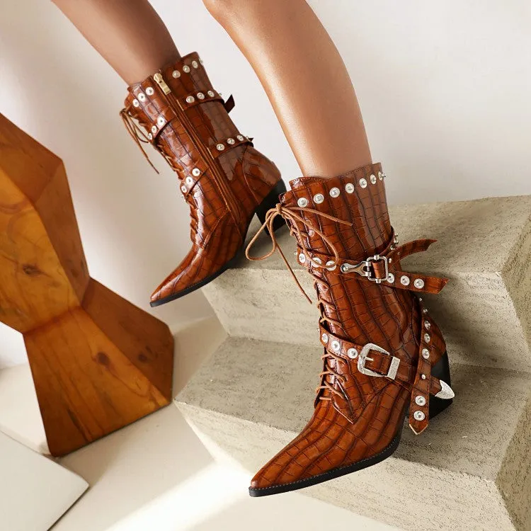 Women's  Crocodile Pattern Pointed Toe Belts Buckles Rivets Puppy Heel Mid Calf Boots