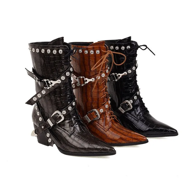 Women's  Crocodile Pattern Pointed Toe Belts Buckles Rivets Puppy Heel Mid Calf Boots