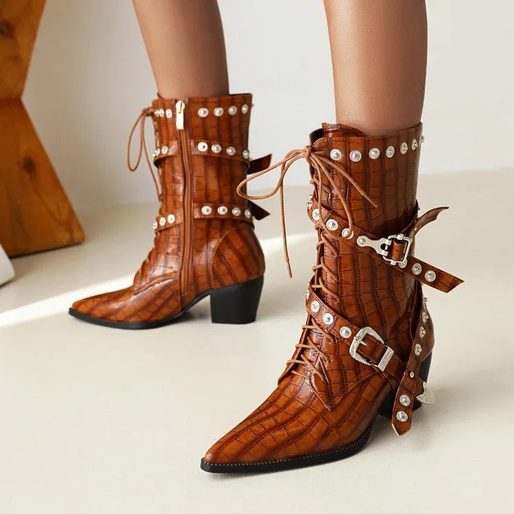 Women's  Crocodile Pattern Pointed Toe Belts Buckles Rivets Puppy Heel Mid Calf Boots