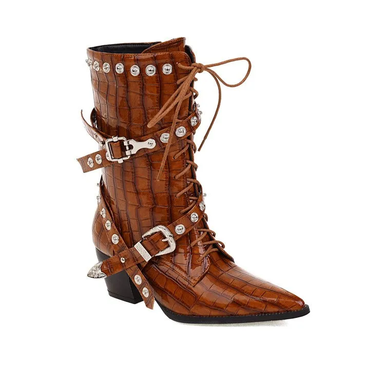 Women's  Crocodile Pattern Pointed Toe Belts Buckles Rivets Puppy Heel Mid Calf Boots