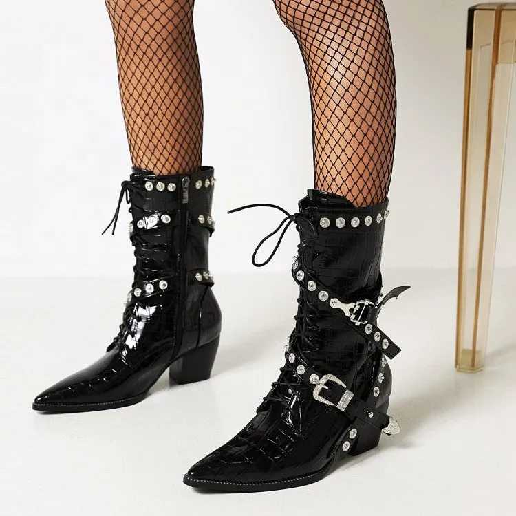 Women's  Crocodile Pattern Pointed Toe Belts Buckles Rivets Puppy Heel Mid Calf Boots