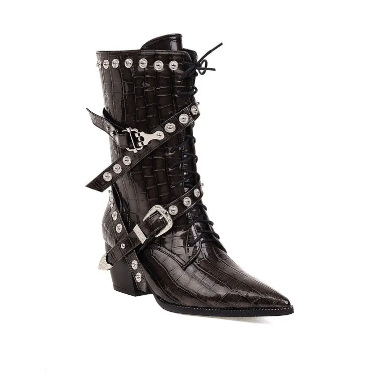 Women's  Crocodile Pattern Pointed Toe Belts Buckles Rivets Puppy Heel Mid Calf Boots