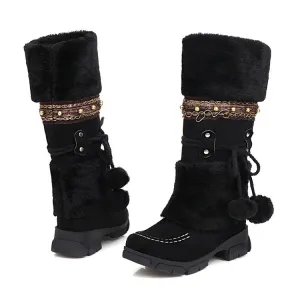 Women's Flock Round Toe Stitch Fur Ball Fold Rivets Block Chunky Heel Platform Mid-Calf Boots