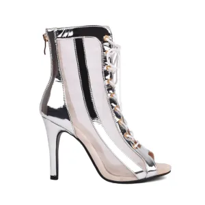 Women's Mesh Lace-Up Dance Boots Silver