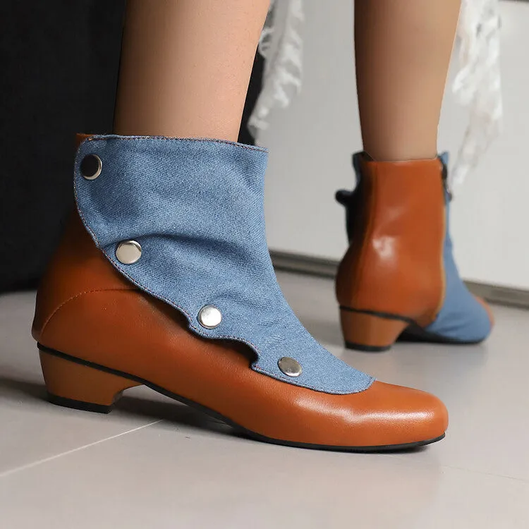 Women's Patchwork Rivets Round Toe Block Heel Ankle Boots
