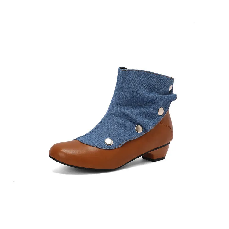 Women's Patchwork Rivets Round Toe Block Heel Ankle Boots