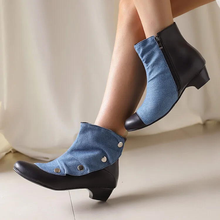 Women's Patchwork Rivets Round Toe Block Heel Ankle Boots
