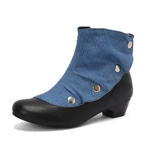Women's Patchwork Rivets Round Toe Block Heel Ankle Boots
