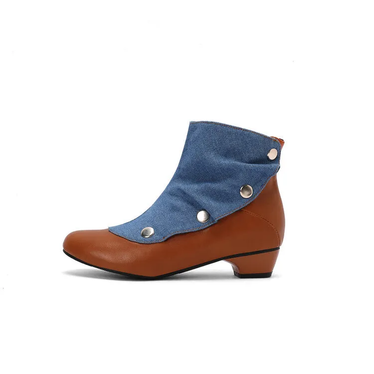 Women's Patchwork Rivets Round Toe Block Heel Ankle Boots