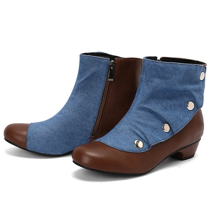 Women's Patchwork Rivets Round Toe Block Heel Ankle Boots