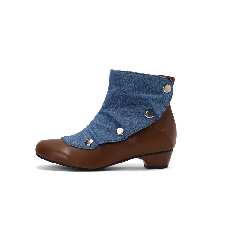 Women's Patchwork Rivets Round Toe Block Heel Ankle Boots