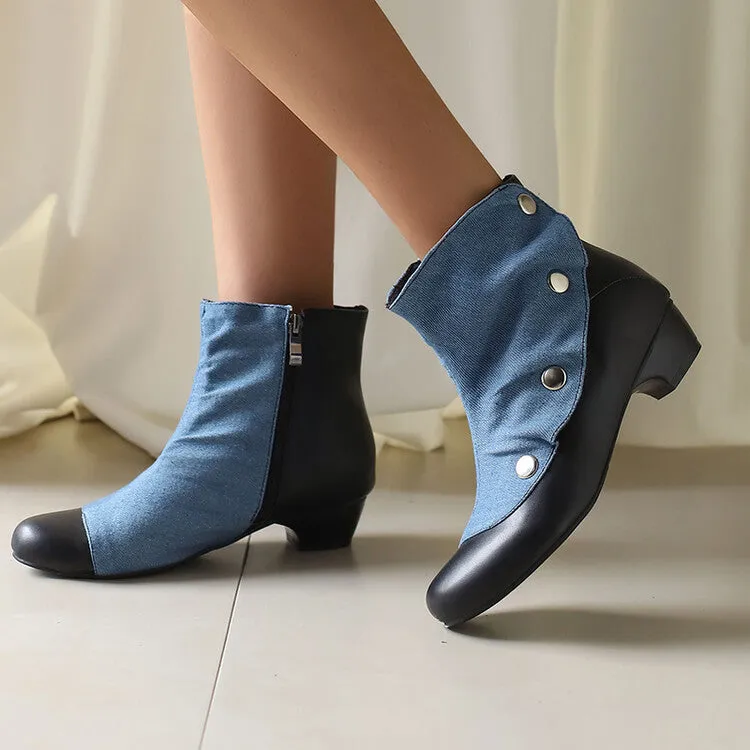 Women's Patchwork Rivets Round Toe Block Heel Ankle Boots
