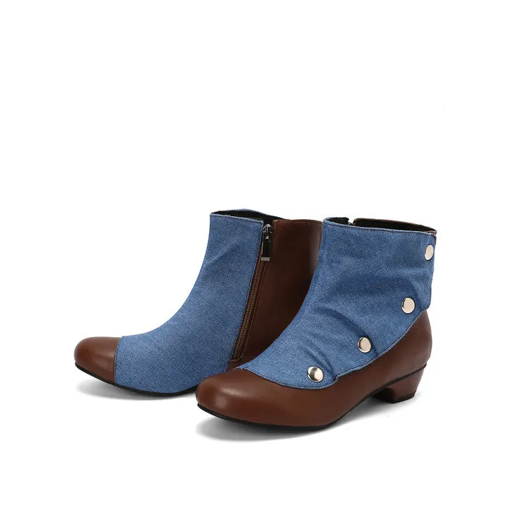 Women's Patchwork Rivets Round Toe Block Heel Ankle Boots