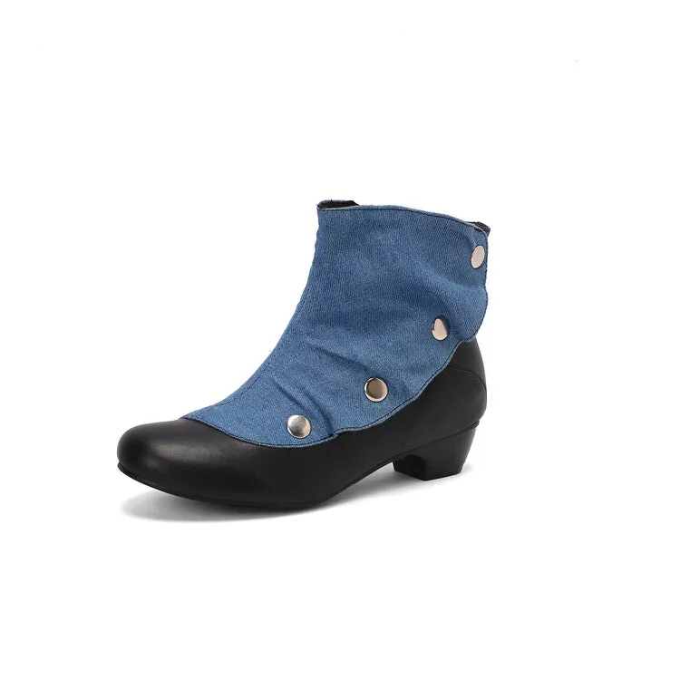 Women's Patchwork Rivets Round Toe Block Heel Ankle Boots