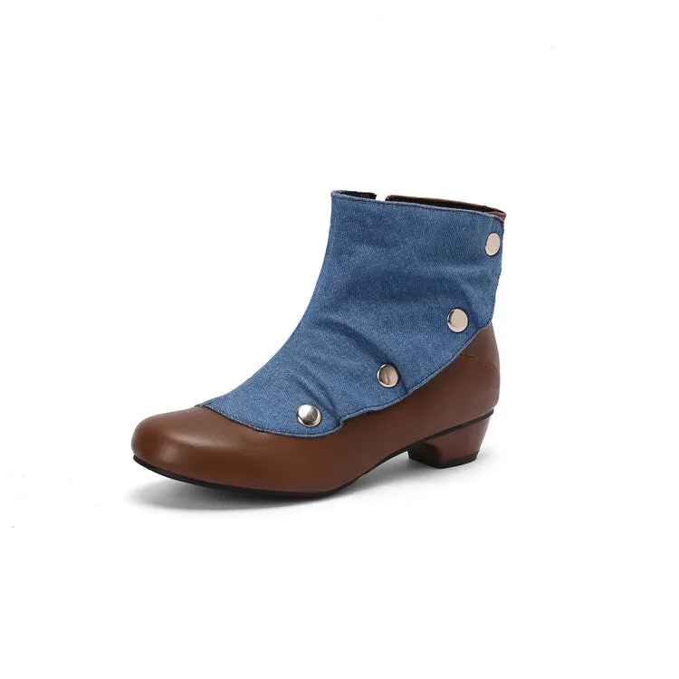 Women's Patchwork Rivets Round Toe Block Heel Ankle Boots