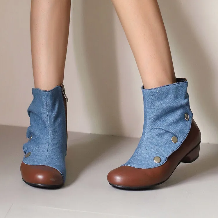 Women's Patchwork Rivets Round Toe Block Heel Ankle Boots