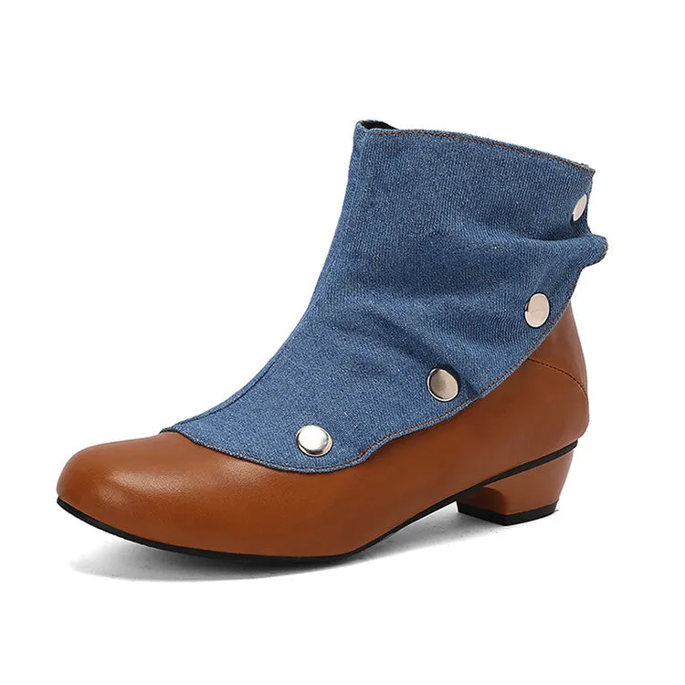 Women's Patchwork Rivets Round Toe Block Heel Ankle Boots