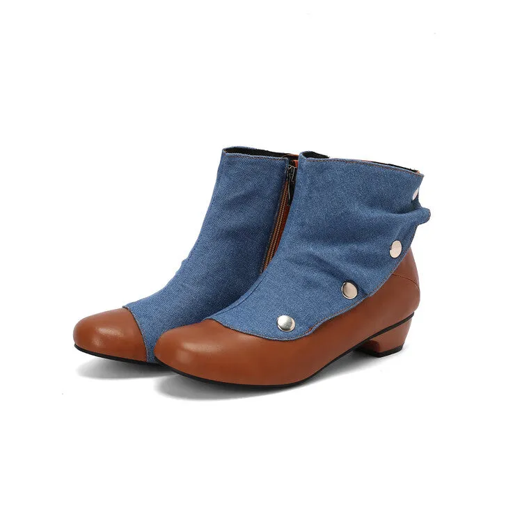 Women's Patchwork Rivets Round Toe Block Heel Ankle Boots
