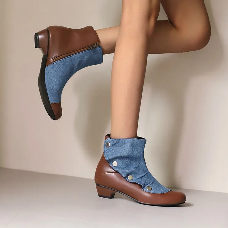 Women's Patchwork Rivets Round Toe Block Heel Ankle Boots