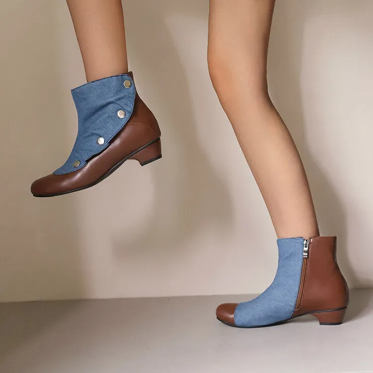 Women's Patchwork Rivets Round Toe Block Heel Ankle Boots