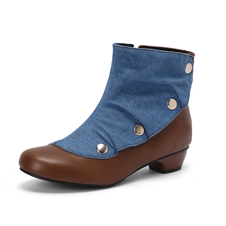 Women's Patchwork Rivets Round Toe Block Heel Ankle Boots