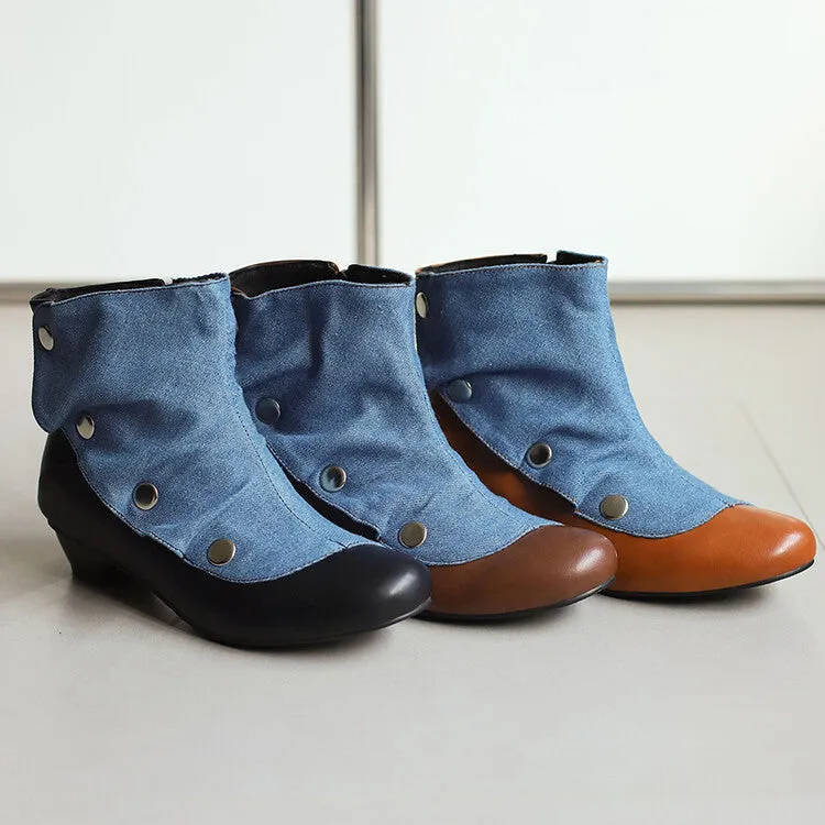 Women's Patchwork Rivets Round Toe Block Heel Ankle Boots
