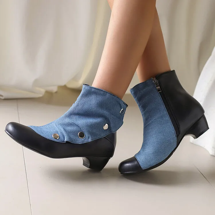 Women's Patchwork Rivets Round Toe Block Heel Ankle Boots